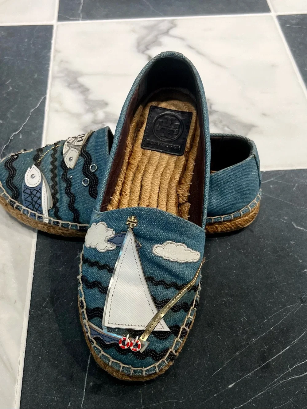 Tory Burch Blue Denim Nautical Espadrilles with Sailboat & Fish Appliqué